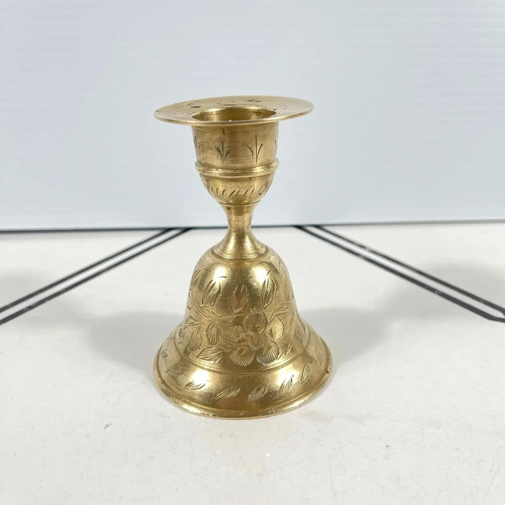 Vintage Etched Brass Bell Candle Holder Floral Hand‎ Engraved Made in India